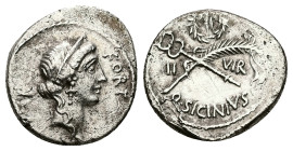 Q. Sicinius, 49 BC. AR, Denarius. 3.47 g. 17.18 mm. Rome.
Obv: FORT P R. Head of Fortuna populi Roman, right, wearing diadem. 
Rev: Q SICINIVS III VIR...