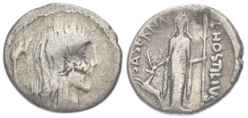 L. Hostilius Saserna, 48 BC. AR, Denarius. 3.77 g. 18.71 mm. Rome.
Obv: Bare head of Gallia, right, with long hair.
Rev: L·HOSTILIVS SASERNA: Artemis,...