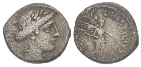 L. Hostilius Saserna, 48 BC. AR, Denarius. 3.87 g. 18.39 mm. Rome.
Obv: Female head, right, wearing oak-wreath and diadem.
Rev: L·HOSTILIVS [SASERNA]....