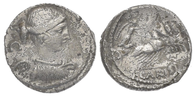 T. Carisius, 46 BC. AR, Denarius. 3.41 g. 18.66 mm. Rome.
Obv: S C. Bust of Vict...