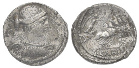 T. Carisius, 46 BC. AR, Denarius. 3.41 g. 18.66 mm. Rome.
Obv: S C. Bust of Victory, right, draped. 
Rev: T CARISI. Victory in quadriga, right, holdin...