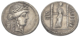 P. Clodius M.f. Turrinus, 42 BC. AR, Denarius. 2.74 g. 17.42 mm. Rome.
Obv: Laureate head of Apollo, right. 
Rev: P·CLODIVS M F. Diana standing facing...
