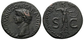 Claudius, AD 41-54. AE, As. 11.00 g. 28.45 mm. Rome.
Obv: TI CLAVDIVS CAESAR AVG P M [TR P IMP]. Head of Claudius, bare, left.
Rev: S C. Minerva, helm...