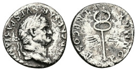 Vespasian, AD 69-79. AR, Denarius. 2.99 g. 18.34 mm. Rome.
Obv: IMP CAESAR VESPASIANVS AVG. Head of Vespasian, laureate, right.
Rev: PON MAX TR P COS ...