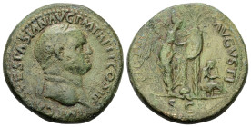 Vespasian, AD 69-79. AE, Sestertius. 26.67 g. 33.94 mm. Rome. Judaea Capta commemorative.
Obv: IMP CA[ES] VESPASIAN AVG P M TR P P P COS III. Head of...