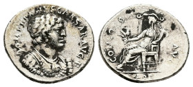 Domitian as Caesar, AD 69-81. AR, Denarius. 3.33 g. 19.34 mm. Ephesus.
Obv: DOMITIANVS CAESAR AVG F. Bust of Domitian, bare-headed, draped, cuirassed,...