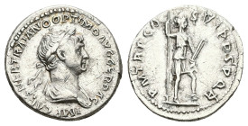 Trajan, AD 98-117. AR, Denarius. 3.10 g. 18.71 mm. Rome.
Obv: IMP CAES NER TRAIAN OPTIM AVG GERM DAC. Bust of Trajan, laureate, draped, right.
Rev: PA...