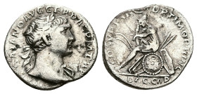 Trajan, AD 98-117. AR, Denarius. 2.78 g. 18.59 mm. Rome.
Obv: IMP TRAIANO AVG GER DAC P M TR P. Bust of Trajan, laureate, slight drapery on left shoul...
