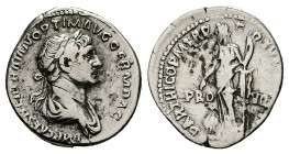 Trajan, AD 98-117. AR, Denarius. 2.80 g. 19.14 mm. Rome.
Obv: IMP CAES NER TRAIAN OPTIM AVG GERM DAC. Bust of Trajan, laureate, draped, right.
Rev: PA...
