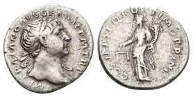 Trajan, AD 98-117. AR, Denarius. 2.88 g. 19.46 mm. Rome.
Obv: IMP TRAIANO AVG GER DAC P M TR P. Bust of Trajan, laureate, draped, right draped on left...