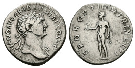 Trajan, AD 98-117. AR, Denarius. 2.95 g. 19.45 mm. Rome.
Obv: IMP TRAIANO AVG GER DAC P M TR P COS VI P P: Bust of Trajan, laureate, draped on left sh...