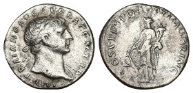 Trajan, AD 98-117. AR, Denarius. 2.61 g. 17.62 mm. Rome.
Obv: IMP TRAIANO AVG GER DAC P M TR P. Bust of Trajan, laureate, draped on left shoulder, rig...