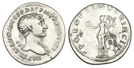 Trajan, AD 98-117. AR, Denarius. 3.01 g. 19.24 mm. Rome.
Obv: IMP TRAIANO AVG GER DAC P M TR P COS V P P. Bust of Trajan, laureate, draped, right.
Rev...