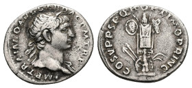 Trajan, AD 98-117. AR, Denarius. 3.06 g. 19.66 mm. Rome.
Obv: IMP TRAIANO AVG GER DAC P M TR P. Bust of Trajan, laureate, draped, right
Rev: COS V P P...