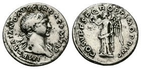 Trajan, AD 98-117. AR, Denarius. 3.36 g. 18.80 mm. Rome.
Obv: IMP TRAIANO AVG GER DAC P M TR P. Bust of Trajan, laureate, right, draped on left should...