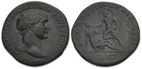 Trajan, AD 98-117. AE, Sestertius. 24.11 g. 33.84 mm. Rome.
Obv: IMP CAES NERVAE TRAIANO AVG GER DAC P M TR P COS V P P. Bust of Trajan, laureate, dr...
