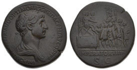 Trajan, AD 98-117. AE, Sestertius. 25.66 g. 33.84 mm. Rome.
Obv: IMP CAES NER TRAIANO OPTIMO AVG GER DAC P M TR P COS VI P P. Bust of Trajan, laureat...