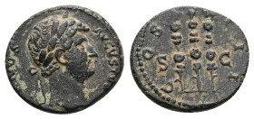 Hadrian, AD 117-138. AE, Quadrans. 3.03 g. 17.45 mm. Rome.
Obv: [HADRI]ANVS AVGVS[TVS P P]. Head of Hadrian, laureate, right.
Rev: COS III, S C. Eagle...