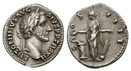 Antoninus Pius, AD 138-161. AR, Denarius. 3.26 g. 18.11 mm. Rome.
Obv: ANTONINVS AVG PIVS P P TR P XII. Head of Antoninus Pius, laureate, right.
Rev: ...