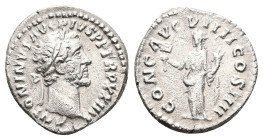 Antoninus Pius, AD 138-161. AR, Denarius. 2.75 g. 17.76 mm. Rome.
Obv: ANTONINVS AVG PIVS P P TR P XXIIII. Head of Antoninus Pius, laureate, right.
Re...