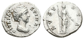 Diva Faustina, died AD 140/1. AR, Denarius. 2.93 g. 19.32 mm. Rome.
Obv: DIVA FAVSTINA. Bust of Faustina I, draped, right, hair elaborately waved in s...