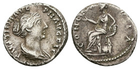 Faustina II, AD 147-175. AR, Denarius. 3.29 g. 17.88 mm. Rome.
Obv: FAVSTINA AVG PII AVG FIL. Bust of Faustina the Younger, bare-headed, with hair wai...
