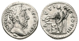 Marcus Aurelius, AD 161-180. AR, Denarius. 3.09 g. 18.15 mm. Rome.
Obv: M ANTONINVS AVG TR P XXIII. Head of Marcus Aurelius, laureate, right.
Rev: SAL...