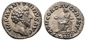 Marcus Aurelius, AD 161-180. AR, Denarius. 3.33 g. 17.52 mm. Rome.
Obv: IMP M ANTONINVS AVG. Head of Marcus Aurelius, bare, right.
Rev: CONCORD AVG TR...