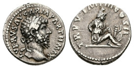 Lucius Verus, AD 161-169. AR, Denarius. 3.04 g. 17.80 mm. Rome.
Obv: L VERVS AVG ARM PARTH MAX. Head of Lucius Verus, laureate, right.
Rev: TR P V IMP...