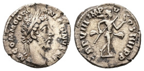 Commodus, AD 177-192. AR, Denarius. 2.81 g. 17.23 mm. Rome.
Obv: M COMMODVS ANTONINVS AVG. Head of Commodus, laureate, right.
Rev: TR P VIII IMP V COS...