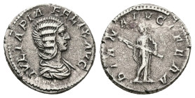 Julia Domna, AD 193-217. AR, Denarius. 3.09 g. 18.67 mm. Rome.
Obv: IVLIA PIA FELIX AVG. Bust of Julia Domna, hair elaborately waved in ridges and tur...