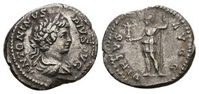 Caracalla, AD 197-217. AR, Denarius. 1.87 g. 19.68 mm. Rome.
Obv: ANTONINVS PIVS AVG. Bust of Caracalla, laureate, draped, right.
Rev: VIRTVS AVGG. Vi...