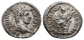 Caracalla, AD 198-217. AR, Denarius. 2.71 g. 19.98 mm. Rome.
Obv: ANTONINVS PIVS AVG. Head of Caracalla, laureate, bearded, right.
Rev: PONTIF TR P XI...