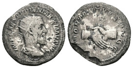 Pupienus, AD 238. AR, Antoninianus. 3.18 g. 22.88 mm. Rome.
Obv: IMP CAES CLOD PVPIEN MAXIMVS AVG. Bust of Pupienus, radiate, draped, cuirassed, right...