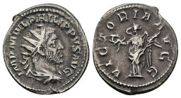 Philip I, AD 244-249. AR, Antoninianus. 4.62 g. 23.55 mm. Rome.
Obv: IMP M IVL PHILIPPVS AVG. Bust of Philip the Arab, radiate, draped, cuirassed, rig...