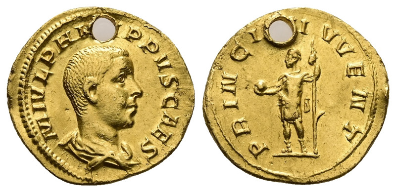 Philip II, as Caesar, 244-247. AV, Aureus. 4.39 g. 20.27 mm. Rome.
Obv: M IVL P...