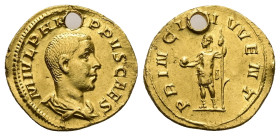 Philip II, as Caesar, 244-247. AV, Aureus. 4.39 g. 20.27 mm. Rome.
Obv: M IVL PHILIPPVS CAES.
Rev: PRINCIPI IVVENT: Philip II, standing left, holdin...