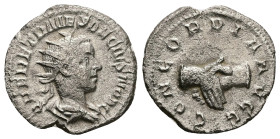 Herennius Etruscus as Caesar, AD 249-251. AR, Antoninianus. 3.06 g. 22.27 mm. Rome.
Obv: Q HER ETR MES DECIVS NOB C. Bust of Herennius Etruscus, radia...