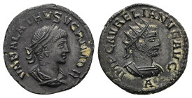 Aurelian with Vabalathus, AD 270-275. Antoninianus. 3.22 g. 20.41 mm. Antioch.
Obv: VABALATHVS VCRIMDR. Bust of Vabalathus, laureate, draped, cuirasse...