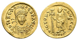 Zeno, Second reign, AD 476-491. Gold, Solidus. 4.44 g. 19.41. Constantinople.
Obv: D N ZENO PERP AVG. Bust of Zeno, helmeted, pearl-diademed without j...