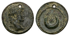 Roman provincial. Uncertain. Time of Hadrian, AD 117-138. AE. 1.13 g. 15.45 mm.
Obv: Head of Antinous, right. 
Rev: Crescent and three stars. 
Ref: RP...