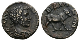Thrace, Bizya. Caracalla, AD 198-217. AE. 3.00 g. 18.07 mm.
Obv: Μ ΑVΡΗΛ ΑΝΤΩΝΙΝΟϹ ΚΑΙϹΑΡ. Bare-headed bust of youthful Caracalla, right, wearing cuir...
