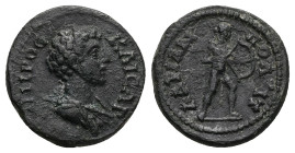 Thrace, Hadrianopolis. Marcus Aurelius as Caesar, AD 139-161. AE. 3.96 g. 17.98 mm.
Obv: ΟVΗΡΟϹ ΚΑΙϹΑΡ. Bare-headed bust of Marcus Aurelius wearing cu...