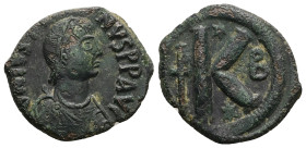 Justin I, AD 518-527. AE, Half Follis. 8.26 g. 27.75 mm. Constantinople.
Obv: DN IVSTI-NVS PP Pearl diademed, draped, cuirassed bust right.
Rev: Large...