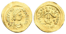 Justinian I, AD 527-565. AV, Tremissis. 1.46 g. 16.98 mm. Constantinople.
Obv: D N IVSTINI-ANVSPPAVG. Pearl diademed, draped, cuirassed bust right.
Re...