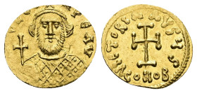 Leontius, AD 695-698. AV, Tremissis. 1.41 g. 15.99 mm. Constantinopolis. 
Obv: D LEON PЄ AV. Frontal bust of Leontios, bearded, wearing loros and crow...