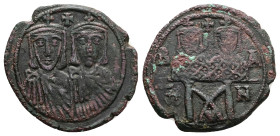Leo IV the Khazar, Constantine VI, 775-780 AD. AE, Follis. 5.31 g. 25.74 mm. Constantinople.
Obv: Crowned busts facing of Leo IV unbearded on left. Co...
