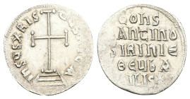 Constantine VI and Irene, AD 780-797. AR, Miliaresion. 2.29 g. 19.51 mm.Constantinople.
Obv: IҺSЧSXPIS-TЧSҺICA. Cross potent on three steps
Rev: COҺS ...