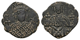 Constantine VI, Irene, AD 780-797. AE, Follis. 2.08 g. 19.09 mm. Constantinople.
Obv: Crowned bust of Irene wearing loros, holding cross on globe and ...