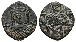 Constantine VI, Irene, AD 780-797. AE, Follis. 2.41 g. 17.35 mm. Constantinople.
Obv: Crowned bust of Irene wearing loros, holding cross on globe and ...
